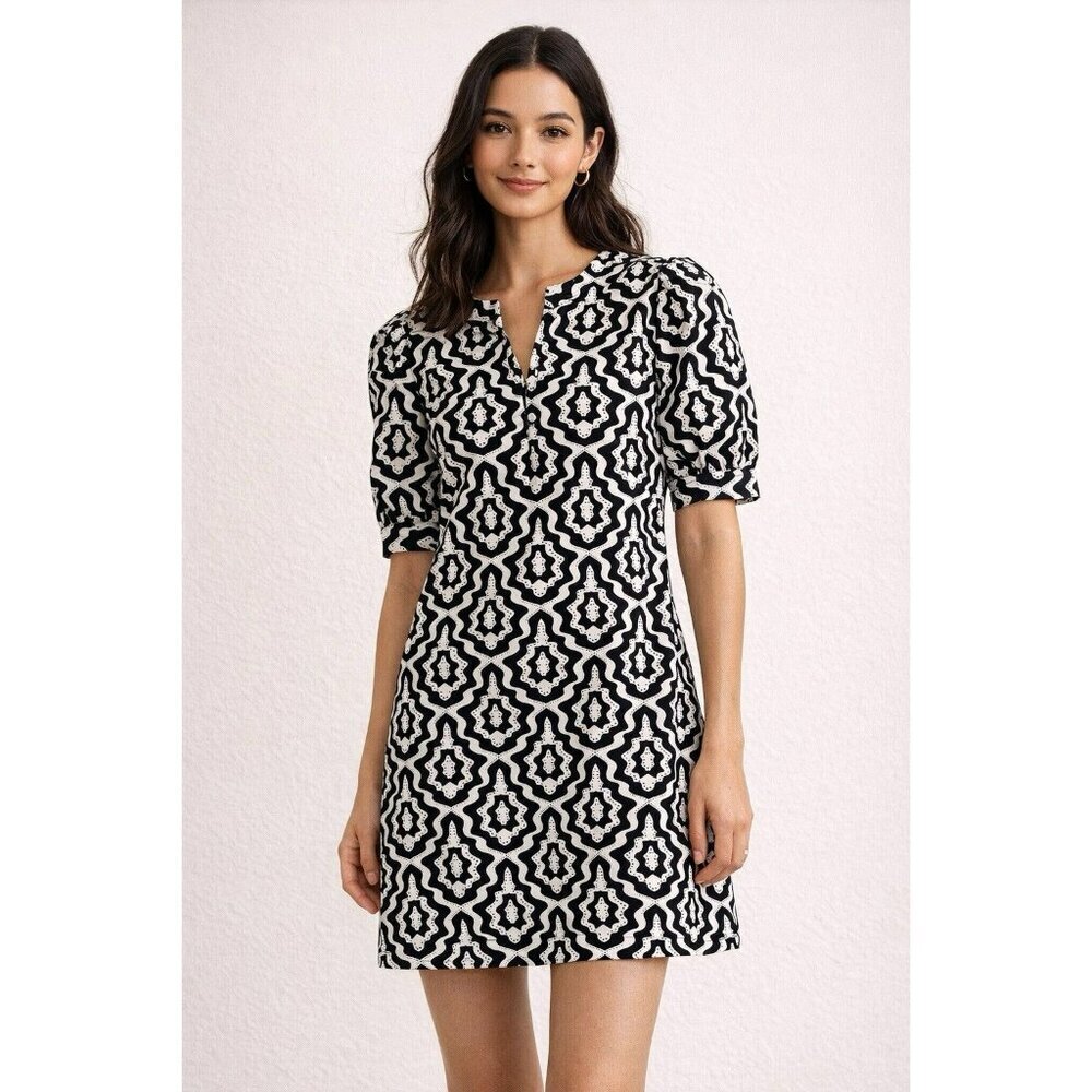 LOFT Black White Geometric Print Puff Sleeve V Neck Midi Dress Size M
